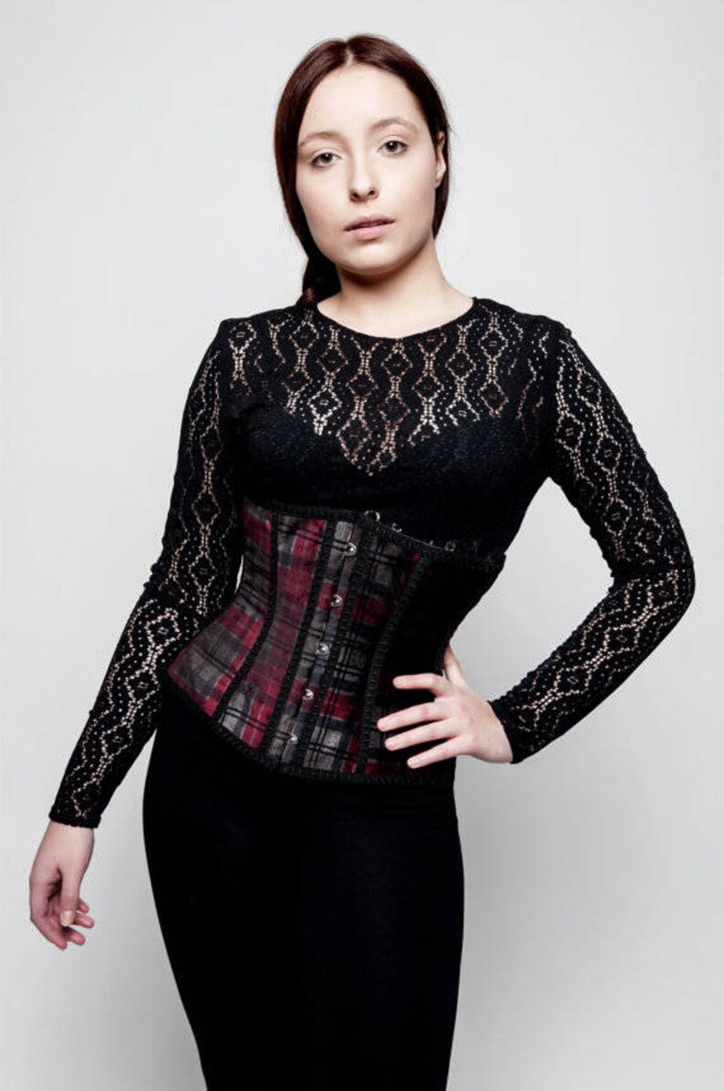 Punk goth rock corset Red and grey tartan velvet underbust corset