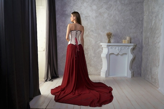 red and white corset wedding dresses Red Lace Wedding Dress with Ivory Tulle, Strapless Sweetheart Neckline