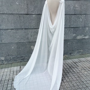 Natural white chiffon bridal cape, Long drape cape veil, Dainty wedding cloak for winter wedding, Faerie bride gown soft cathedral cape image 4