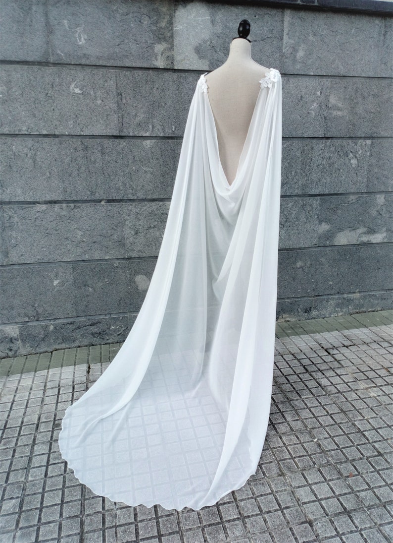 Natural white chiffon bridal cape, Long drape cape veil, Dainty wedding cloak for winter wedding, Faerie bride gown soft cathedral cape image 4