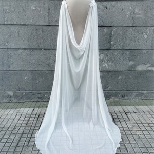 Natural white chiffon bridal cape, Long drape cape veil, Dainty wedding cloak for winter wedding, Faerie bride gown soft cathedral cape image 5