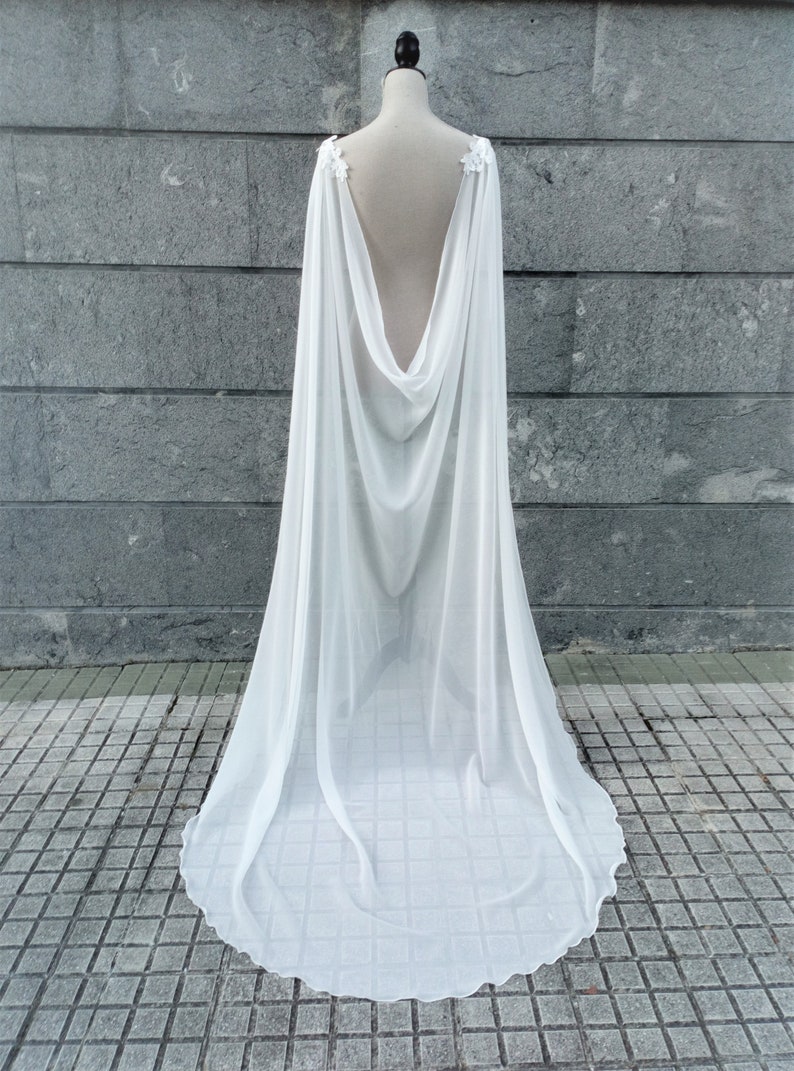 Natural white chiffon bridal cape, Long drape cape veil, Dainty wedding cloak for winter wedding, Faerie bride gown soft cathedral cape image 5