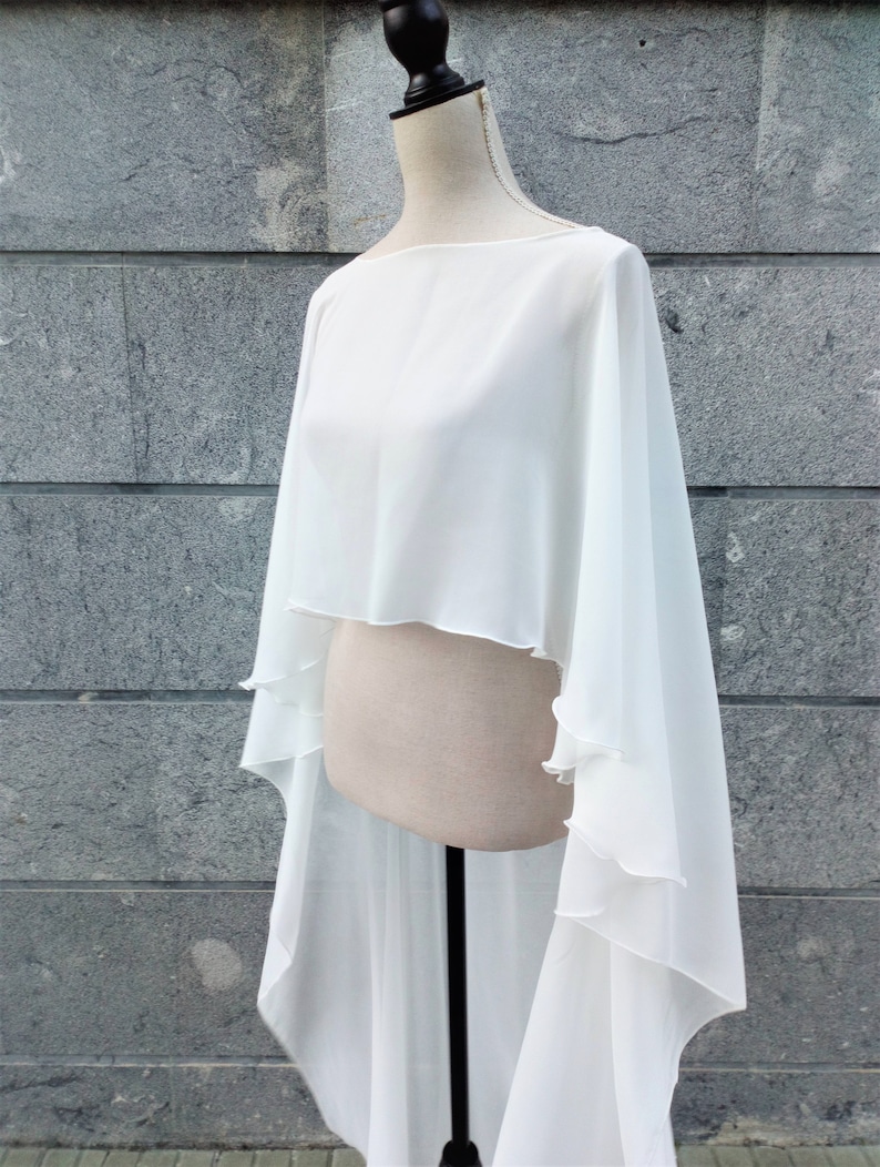 Dramatic high-low cape for bride, Floor length bridal cover up, Chiffon wedding topper, Modern bridal cloak, Asymmetric fantasy cape veil image 3