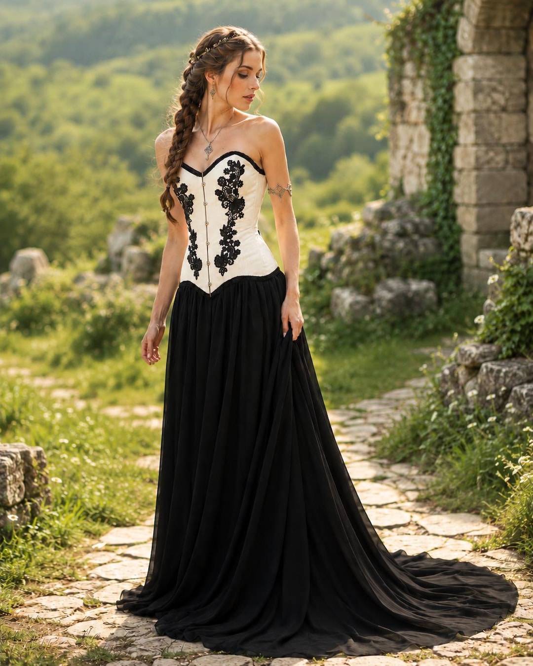 black and white corset dress Wedding Dress: Lace-up Back, Dramatic Train, Gothic Bridal Gown, Viking Queen Items:Arm Warmers venngroup:panolia Embroidery Backless Active Dress style dress
