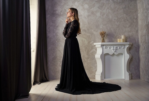Witchy Black Wedding Dress With Long Sleeve Gothic Lace Bridal Dress for Relaxed Elopement Black Boho Goth Wedding Gown Minimalist Dark Etsy Canada