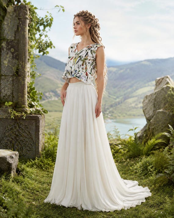 Ethereal Fairy Bridal Gown, Floral Damask Crop Top, Chiffon Skirt, Forest Elopement Dress