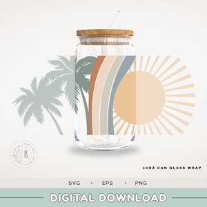 Can Glass SVG 16oz | SUMMER SUN | Hawaiian palm tree Art - seamless wrap - 16 oz libbey glass - palm tree sunset - boho style art