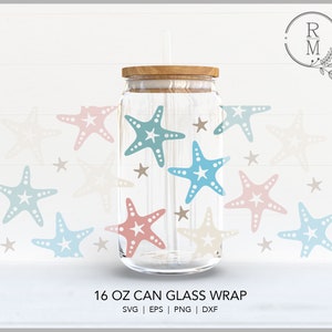 May include: A 16 ounce glass can wrap with a design of pastel blue, pink, and beige starfish and small stars. The text "16 OZ CAN GLASS WRAP" is printed below the image. The text "SVG | EPS | PNG | DXF" is printed below the text.