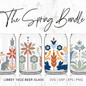 Libbey Glass SVG / SPRING BUNDLE / 16oz Libbey - Design scandinavo - Arte popolare - Fiori primaverili - Coniglietto pasquale - Involucro senza cuciture - Stampa Boho