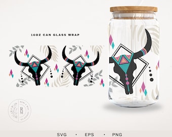 Can Glass SVG 16oz | bull skull | western Art - seamless wrap SVG - bull skull pattern - abstract design - boho style art - seamless