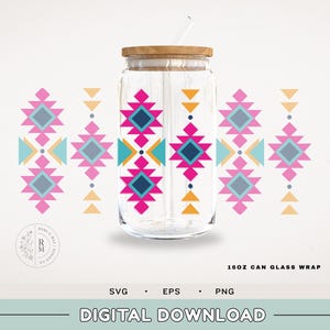 Can Glass SVG 16oz | AZTEC ART | 16oz Libbey - Scandinavian Design - Folk Art - aztec patterns - Seamless Wrap - Boho print - tribal print