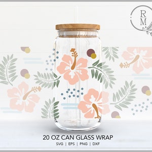 May include: A 20 ounce glass can wrap with a floral design featuring pink hibiscus flowers, green leaves, and abstract shapes in shades of blue, brown, and pink. The text "20 OZ CAN GLASS WRAP" is printed below the image. The text "SVG | EPS | PNG | DXF" is printed below the text.