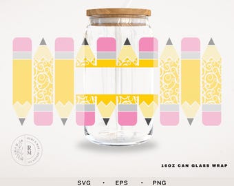 Can Glass SVG 16oz - 16oz - Monogram Pencils - seamless wrap - Pencil pattern - teacher design - teacher gift - seamless - artist