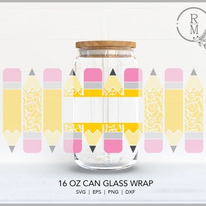 Can Glass SVG 16oz - 16oz - Lápis Monograma - envoltório sem costura - Padrão de lápis - design de professor - presente de professor - sem costura - artista