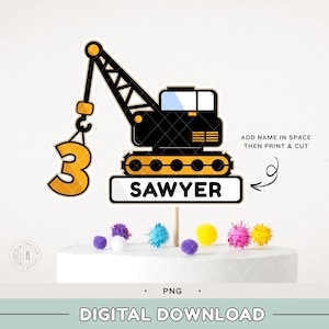 Bouw taart topper JPG - afdrukbare kraan taart topper - digitaal bestand thuis afdrukken bestand - bouw thema DIY verjaardag - Taarttopper