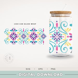 Can Glass SVG 16oz - Fiesta Floral- seamless wrap SVG - 16 oz libbey glass - floral pattern - Mexican florals - seamless - day of the dead
