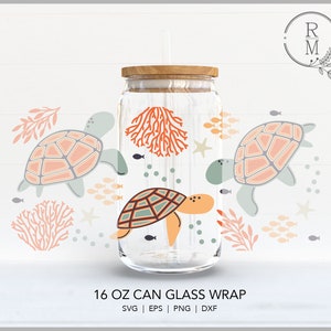 Kann Glas SVG 16oz | MEERESSCHILDKRÖTE | nahtlose - 16 oz Libbey Glas - Ozean Muster - Schildkröte Design - unter dem Meer - Meerestiere - nahtlos