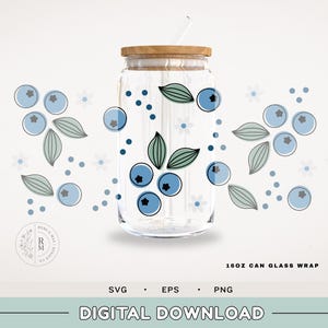 Kann Glas SVG 16oz | BLAUBEEREFRÜCHTE | nahtlose Verpackung - 16 oz libbey Glas - florales Muster - abstraktes Design - Kunst im Boho Stil - nahtlos