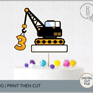 Topo de bolo de construção PNG - topper de bolo de guindaste imprimível - arquivo digital - arquivo para imprimir e cortar - aniversário tema construção - topper de bolo