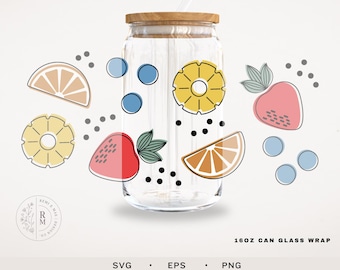 Can Glass SVG 16oz | FRUIT SALAD | seamless wrap - 16 oz libbey glass - fruit pattern - line art design - boho style art - seamless wrap