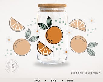 Can Glass SVG 16oz | ORANGE FRUIT | seamless wrap - 16 oz libbey glass - fruit pattern - line art design - boho style art - seamless wrap