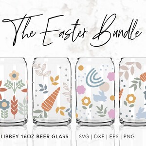 Libbey Glass SVG / SPRING BUNDLE / 16oz Libbey - Design scandinavo - Arte popolare - Fiori primaverili - Coniglietto pasquale - Involucro senza cuciture - Stampa Boho