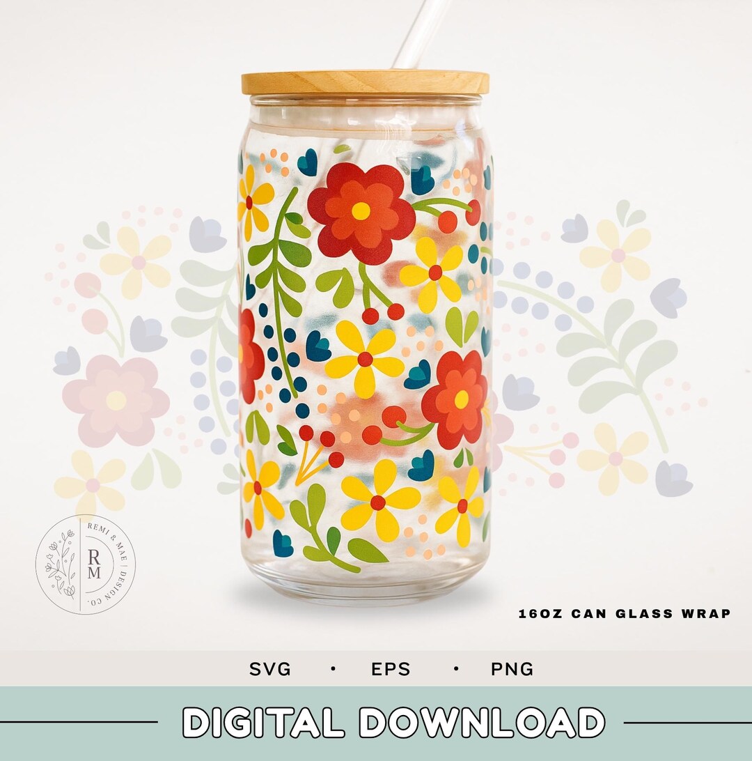 Can Glass SVG 16oz - Folk Art Floral- Seamless Wrap SVG - 16 Oz Libbey ...