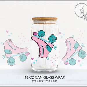 May include: A 16 oz can glass wrap featuring a pink and blue roller skate design. The design includes two roller skates with pink wheels and blue accents. The text "16 OZ CAN GLASS WRAP" is printed below the design. The text "SVG | EPS | PNG | DXF" is printed below the text.