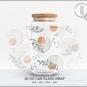 May include: A 20 ounce glass can wrap with a design featuring abstract shapes, crescent moons, and leafy branches in shades of green, brown, and white. The text "20 OZ CAN GLASS WRAP" is printed below the image. The text "SVG | EPS | PNG | DXF" is printed below the text.