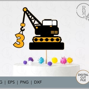 Construção SVG - Topo de bolo guindaste - 3º aniversário - topper de bolo de caminhão basculante - topper de bolo de construção - arquivo de corte digital