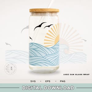 Blikglas SVG 16oz | ZOMERSURF | naadloze wrap - 16 oz libbeyglas - bloemmotief - abstract ontwerp - kunst in bohostijl - naadloos - retro