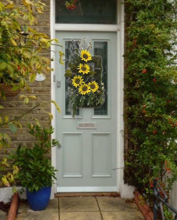 Spring summer sunflower cottage country rustic lavender floral planter front door wreath door hanger