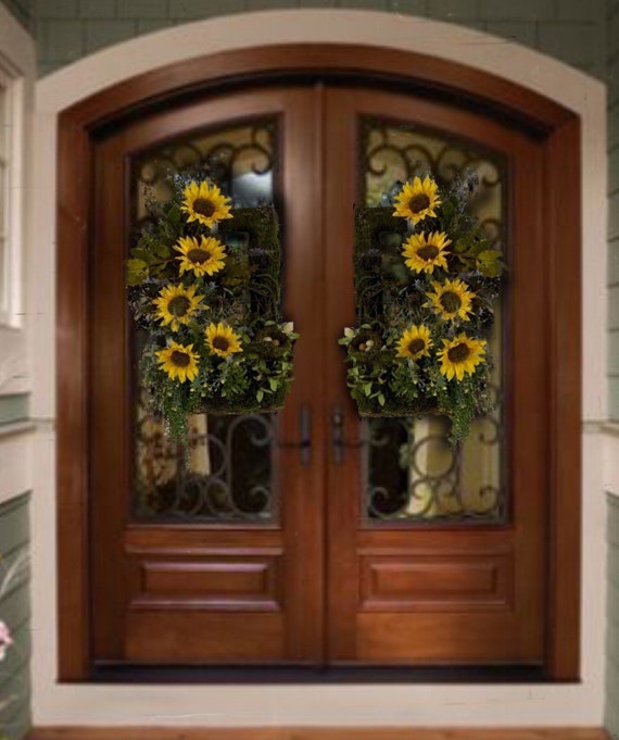 Double door Spring summer sunflower cottage country rustic lavender floral planter front door wreath door hanger everyday wreath