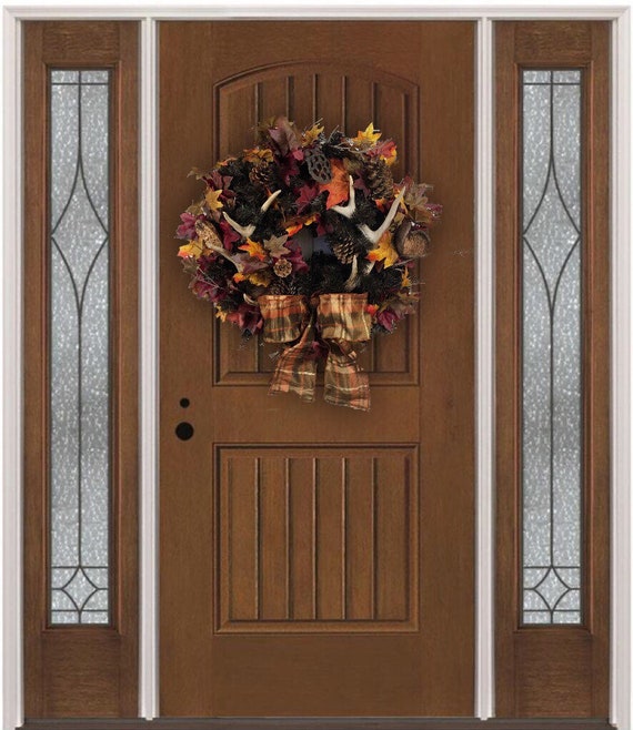 Autumn Fall Thanksgiving Country Rustic Real Deer Antler Fall Front Door Wreath Copper Rust Chocolate Brown Pinecones Pods Orange Red Leaves
