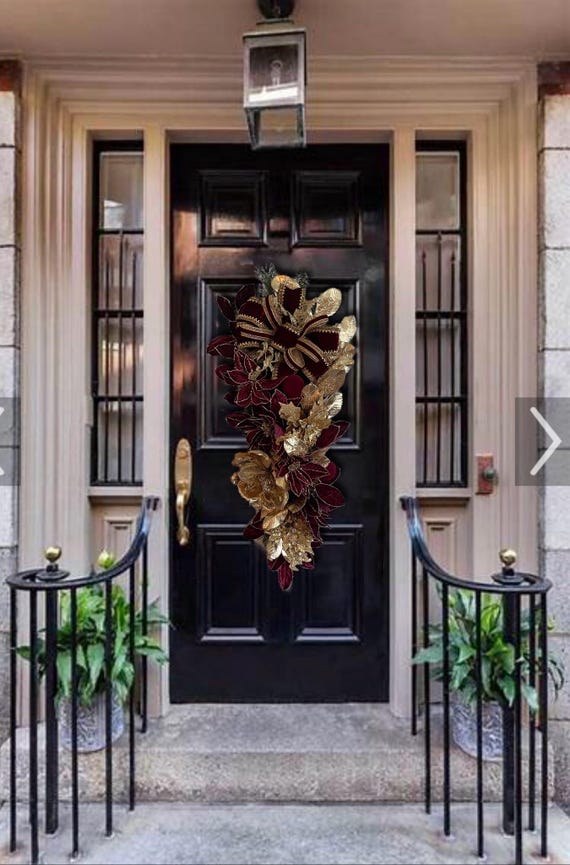 Burgundy velvet gold poinsettias magnolia Christmas designer teardrop swag for  front door