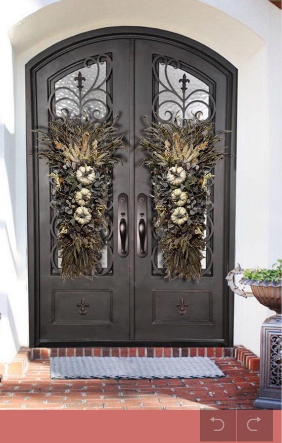 Autumn Fall eucalyptus birch white pumpkin sunflower sage double door teardrop front door wreath door hanger swag