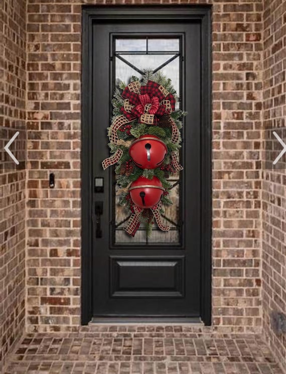 Christmas Red black buffalo plaid country rustic flannel rustic jingle bell teardrop swag front door wreath teardrop pinecone