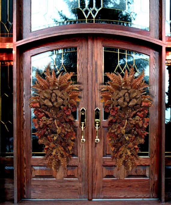Double door thanksgiving Fall elegant poinsettia chocolate brown rust copper double front door teardrop wreath swag