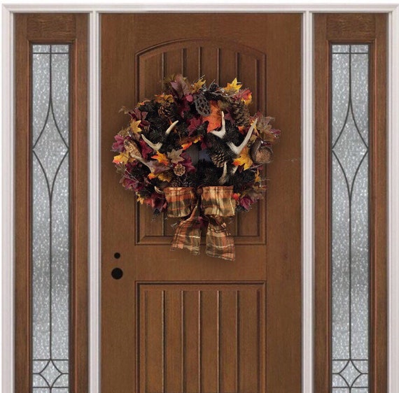 Autumn fall thanksgiving pinecone country rustic real Deer antler front door wreath farmhouse lodge