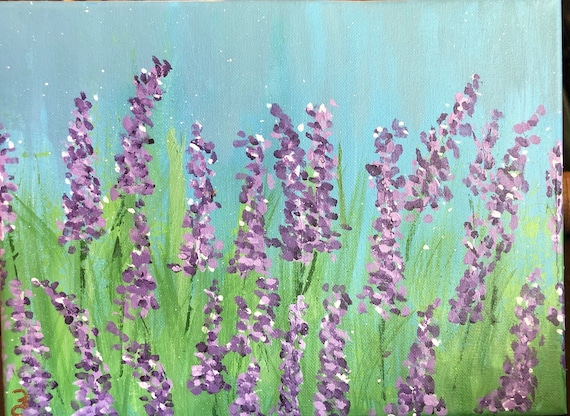Field of bluebonnets acrylic painting on canvas varient shades of purple flowers,