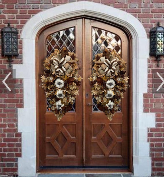 Neutral fall Thanksgiving cream chocolate white double door  swag country farmhouse pumpkin pinecone acorn rustic front door wreath
