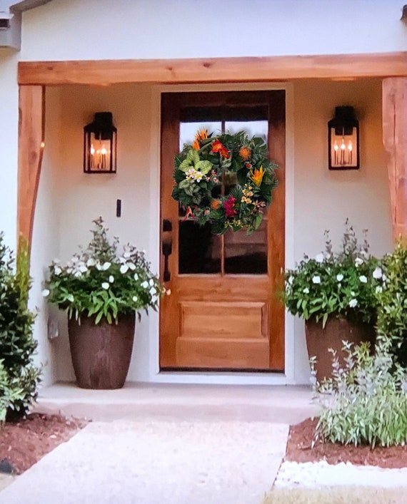 Tropical island summer spring beach coastal rainforest Hawaiian lanai front door porch jungle wreath sunroom atrium