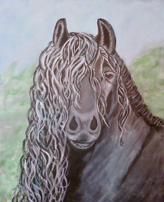For the love of horses , acrylic, original, black, friesian, animal art farm animal painting, black horse painting horse art friesian horse