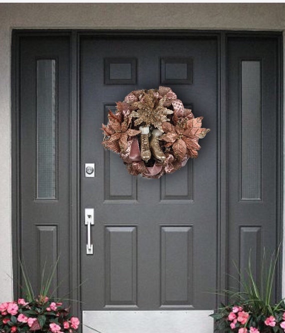 Christmas elegant modern renaissance champagne ice skates rose gold pink gold velvet baroque poinsettia front door wreath