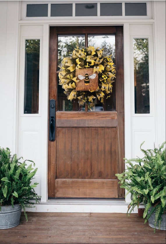 Bee honey bee summer spring front door wreath rustic country front porch decor beehive yellow farmhouse summertime wreath