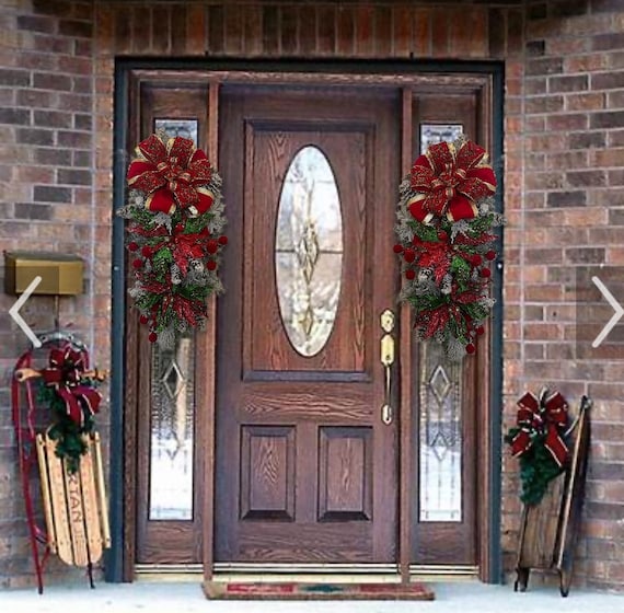 Christmas flocked elegant luxury banister swag staircase decor red green Pinecone poinsettia set sidelight decor front door wreath