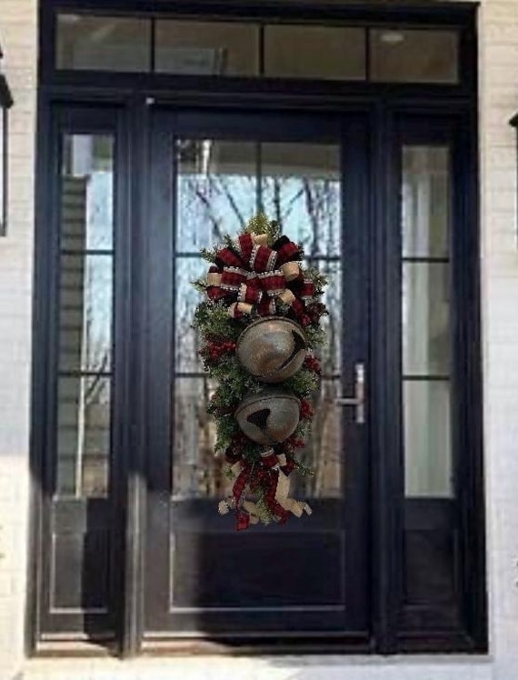 Christmas Red black buffalo plaid country rustic flannel jingle bell teardrop swag black and white front door wreath teardrop pinecone berry
