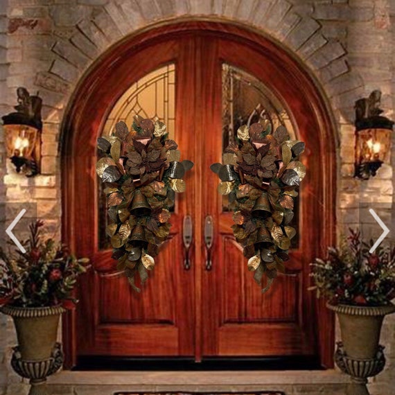 Fall Thanksgiving Magnolia chocolate poinsettia embossed bell gold copper elegant teardrop wreath for front door