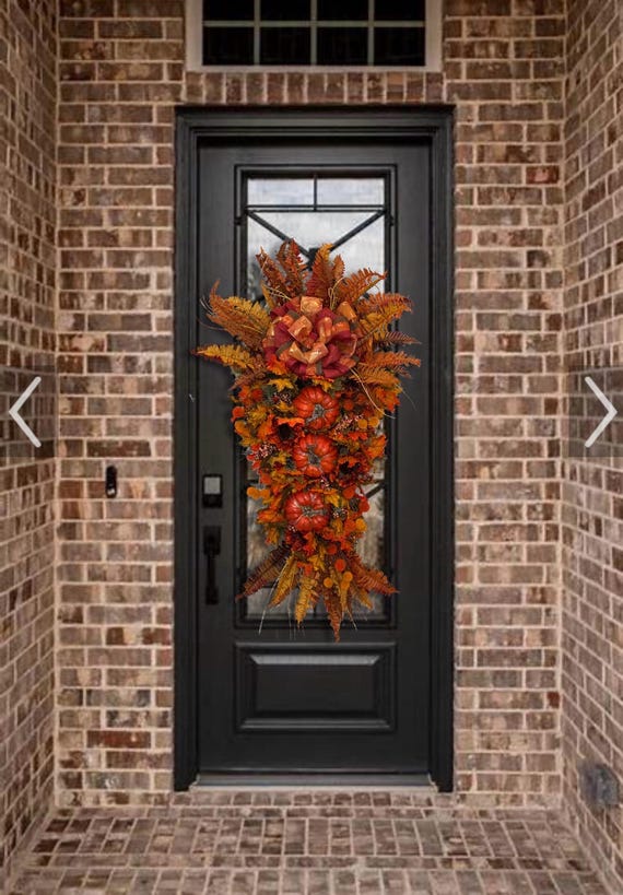 Fall Thanksgiving pumpkin teardrop swag front door wreaths doorhanger pine sunflower pinecone rustic elegant farmhouse wreath