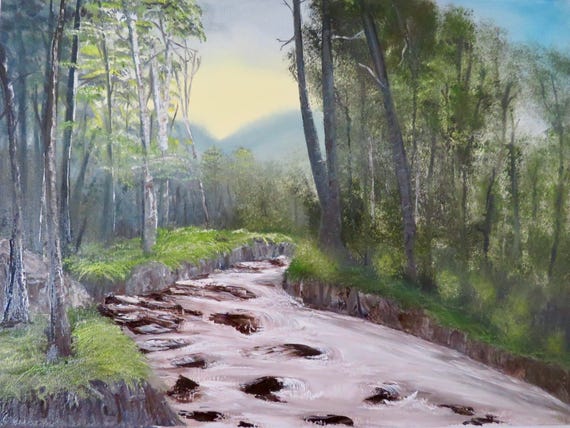 Backwoods Stream 2, forest, trees, river, sunrise, water foggy trail oil painting creek camping nature trail Summer hiking back woods